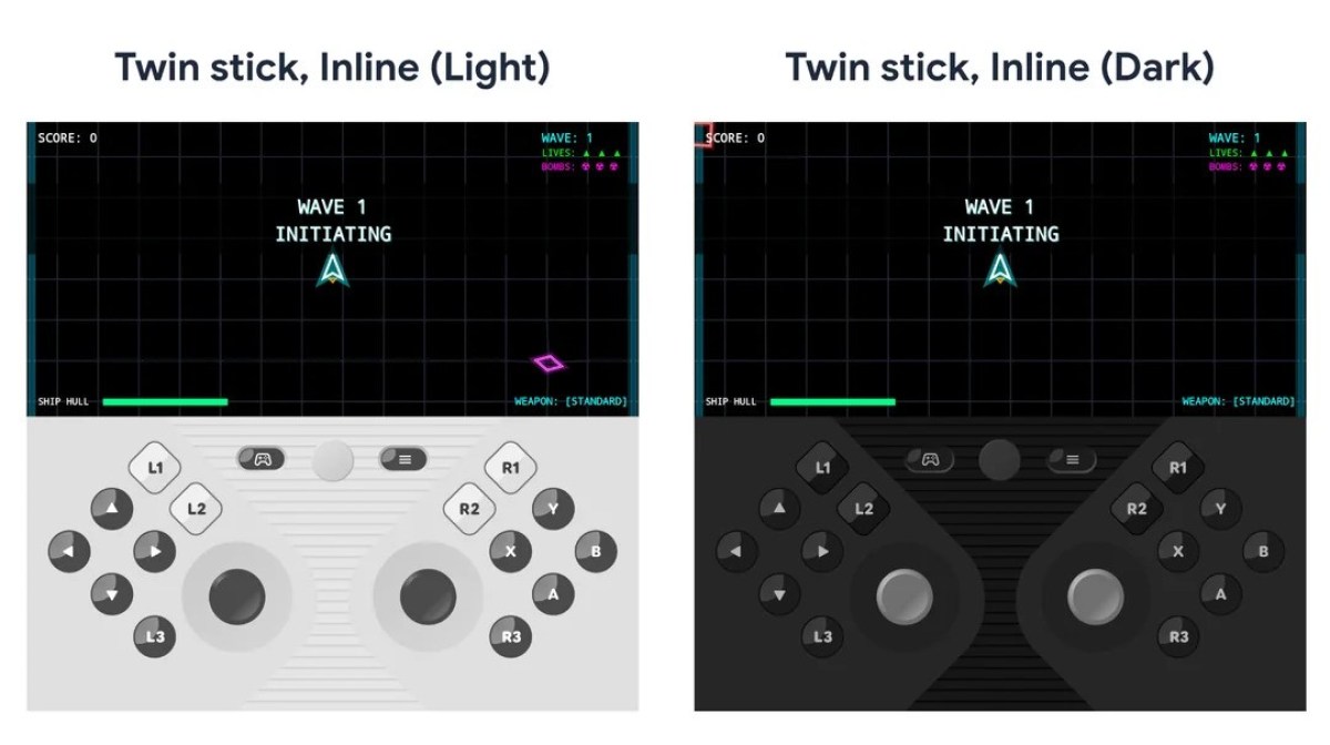 Side-by-side screenshots of twin-stick controller layouts: light theme on the left, dark theme on the right, showing on-screen HUD and button labels for L1/L2/R1/R2 and thumbsticks.