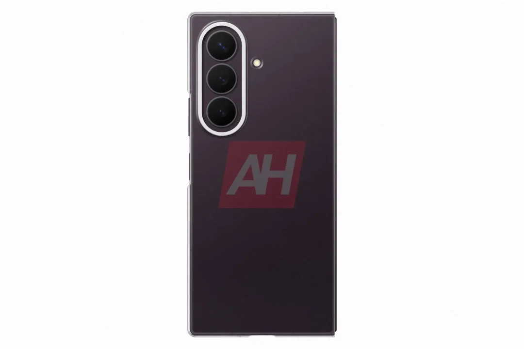 Purple smartphone back with a vertical triple-camera module on the left and a small flash, featuring a red AH watermark across the mid-lower area.
