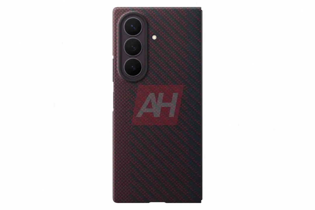 Back of a smartphone with a red-and-black carbon-fiber finish, featuring a vertical triple-camera module and a small flash next to it.