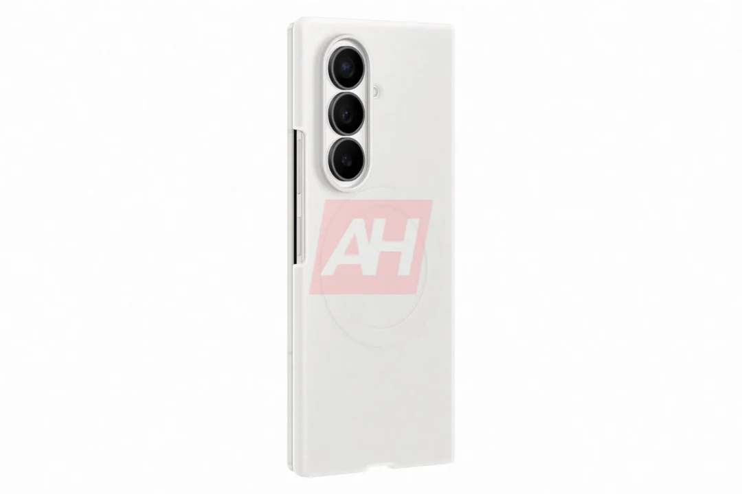 White smartphone back with triple camera module aligned vertically near the top-left edge; pink AH watermark sticker over the lower half of the back.