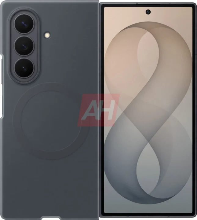 Dark gray smartphone in a case, back side showing three camera lenses with flash; right side shows the device screen with beige abstract wallpaper.