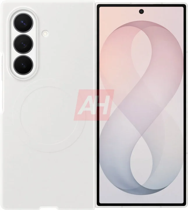 Two-panel device: white phone back with a vertical triple-camera array on the left and a pink abstract display on the right.