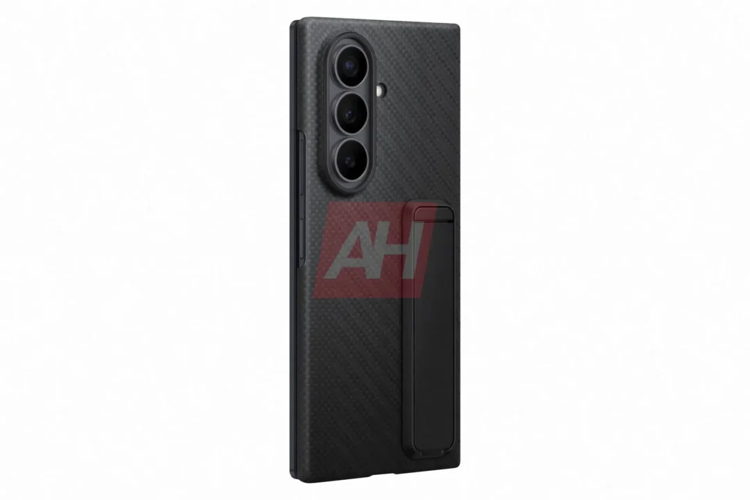 Back view of a black smartphone with a vertical triple-camera module and carbon-fiber textured back