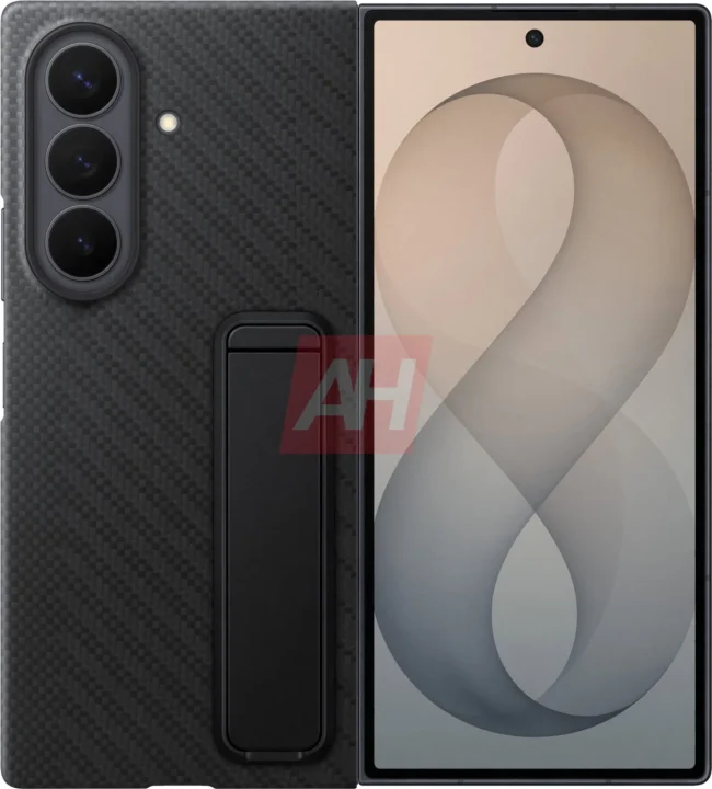 Dual-tone smartphone showing carbon-fiber back with vertical triple-camera module and fingerprint sensor beside it, front display with punch-hole camera on right edge.