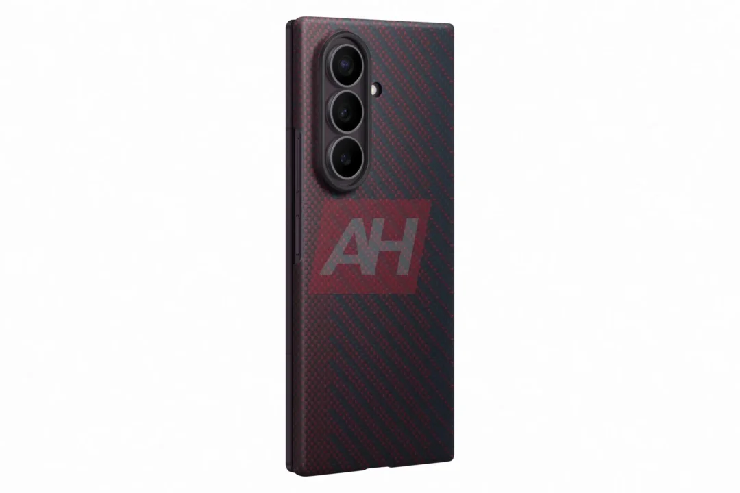 Rear view of a smartphone showing a vertical triple-camera array on a red-black textured back.