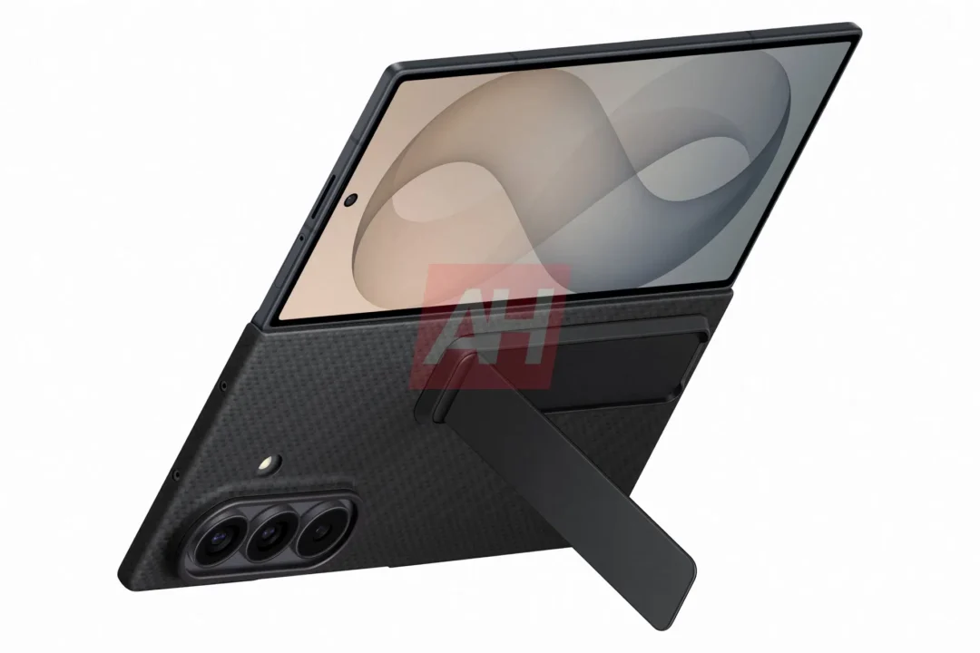 Rugged black tablet case with a built‑in kickstand holding a tablet in landscape orientation; triple rear cameras visible on the back.