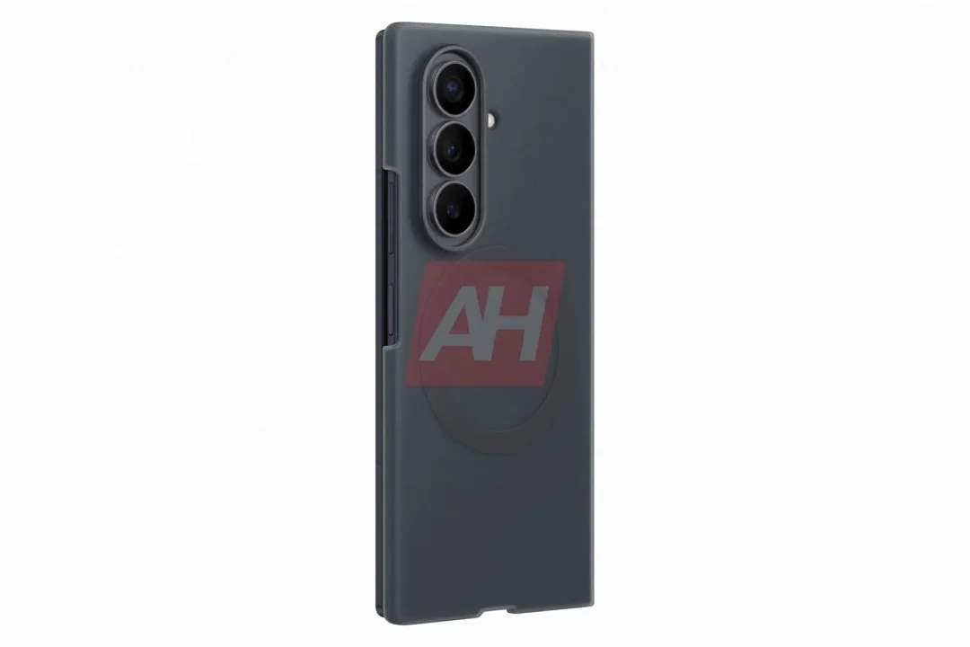 Back view of a dark-gray smartphone in a protective case, showing a vertical triple-camera module on the left edge and a side button cover.