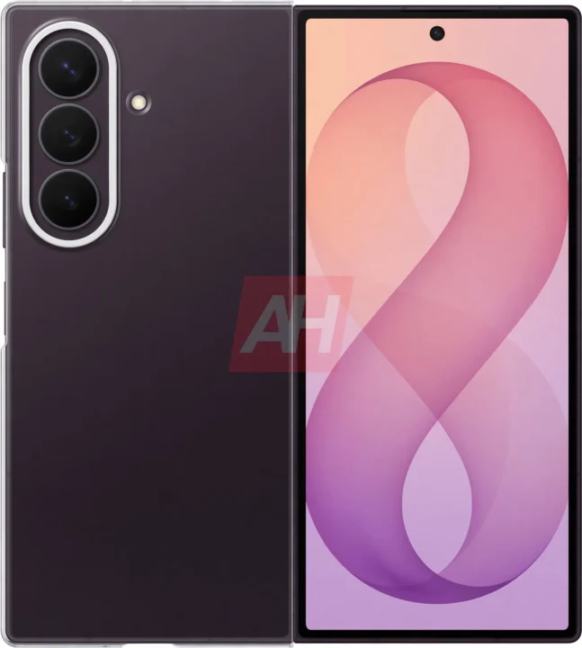Back and front view of a purple smartphone: triple-camera module on the rear and a pink abstract wallpaper on the display.