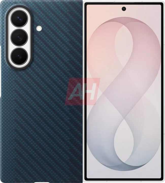 Split view of a smartphone: left shows blue carbon-fiber back with a vertical triple-camera module; right shows the front display with a centered punch-hole camera.