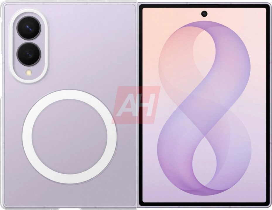 Two‑screen foldable smartphone in lavender with circular magnetic ring on the back and dual-camera module at top-left.