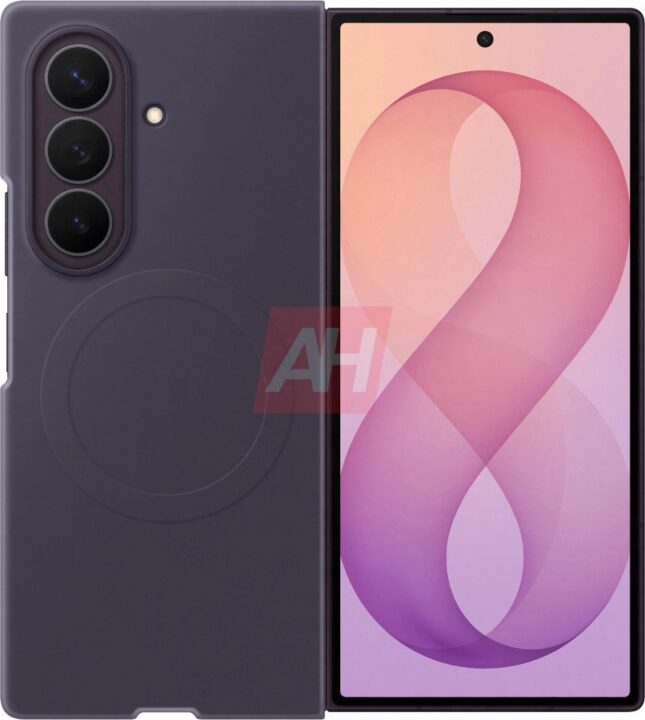 Purple foldable smartphone shown from back (triple-camera module) with a large front display on the right.