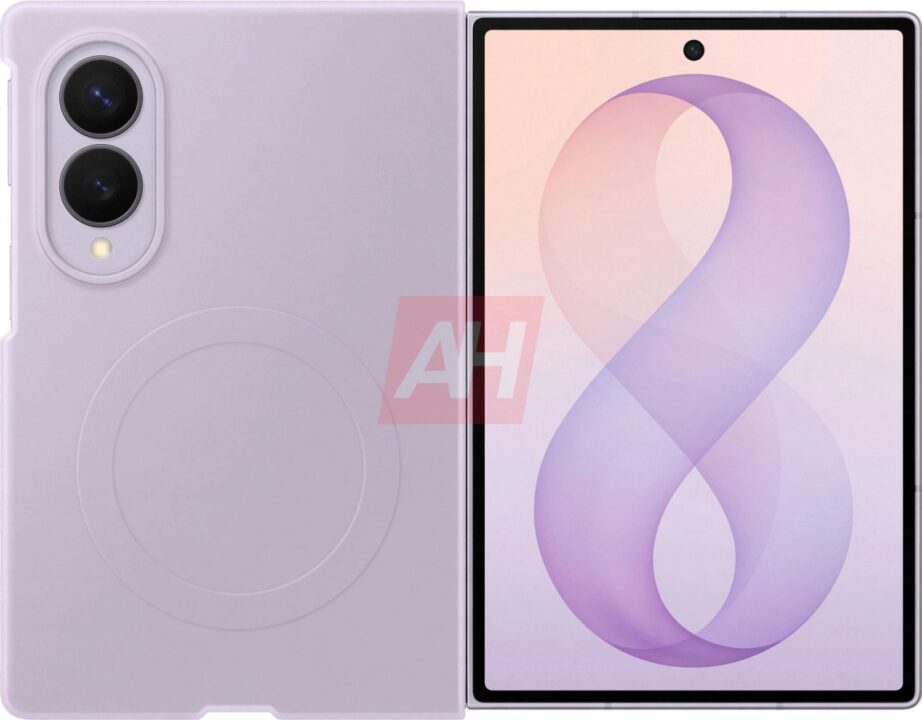 Lavender foldable phone/tablet shown from back and front; back has a dual-camera pod and circular pattern, front displays a purple loop graphic.