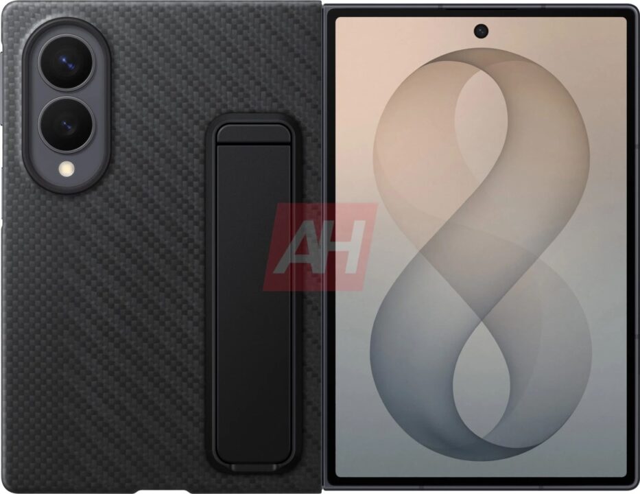 Black smartphone with textured back, dual rear cameras and a built-in kickstand shown beside its front display.