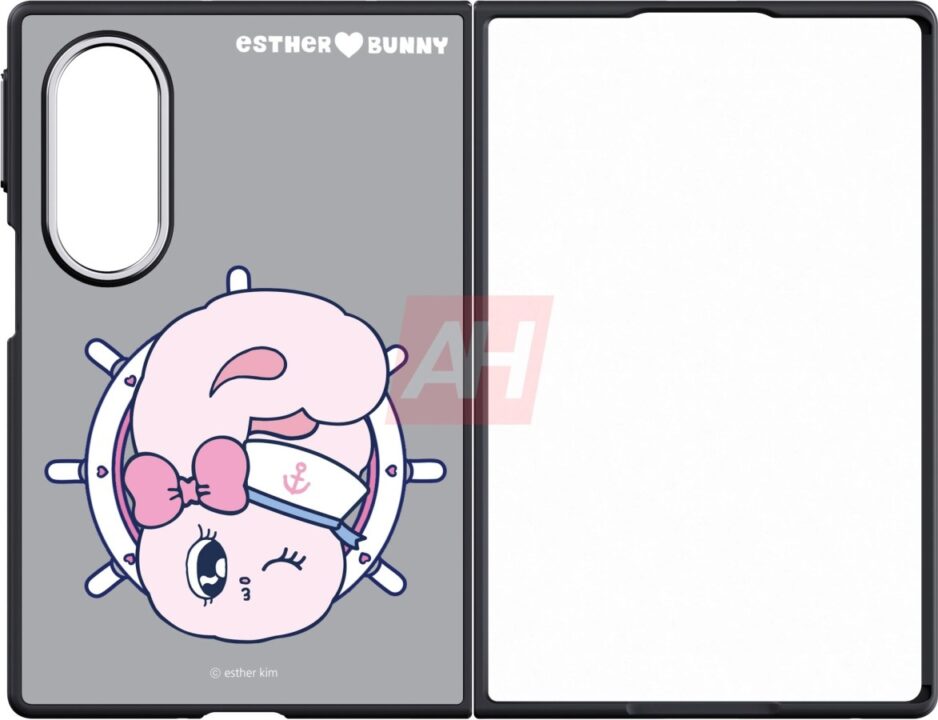 Phone case with gray background featuring a cute pink bunny wearing a sailor hat and bow, 'ESTHER BUNNY' text at the top.