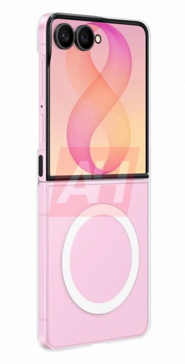 Pink foldable smartphone with a hinge; top panel shows a pink gradient screen with dual rear cameras, bottom panel a pink cover with a white circular ring.