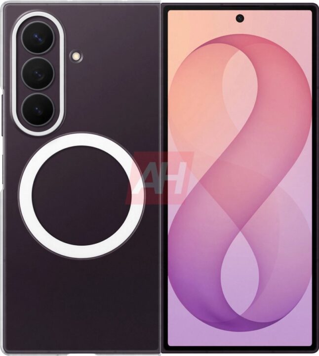 Front and back views of a purple smartphone with a triple-camera module and a large circular ring on the back; the screen shows a pink gradient wallpaper.
