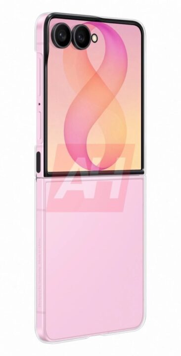 Pink foldable smartphone with a dual-camera module on the top half, shown in a upright position with a pink back panel and hinge in the middle.