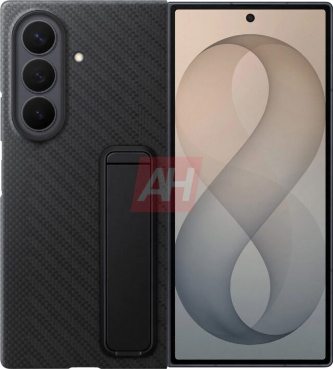 Front and back view of a modern smartphone in a black carbon‑fiber case with a built‑in rear kickstand and a triple‑camera module on the back.