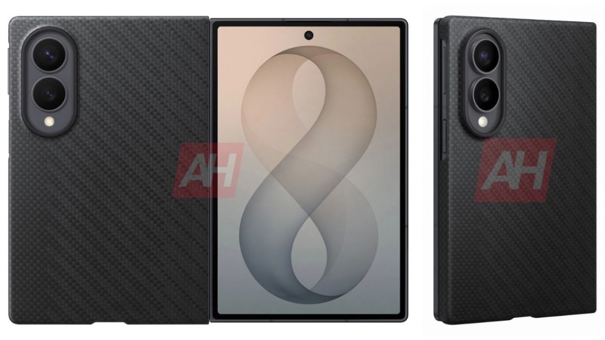Triple-view of a black textured smartphone: back with dual-camera module, center-front display showing a soft abstract wallpaper, and side profile view.