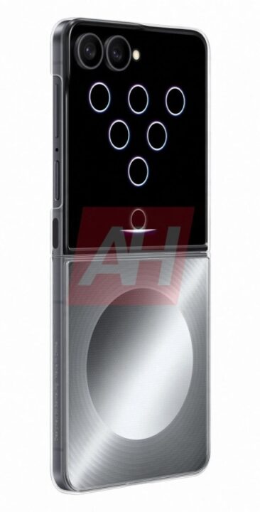 Foldable smartphone with black back showing six circular cameras arranged in two columns and a silver lower panel.