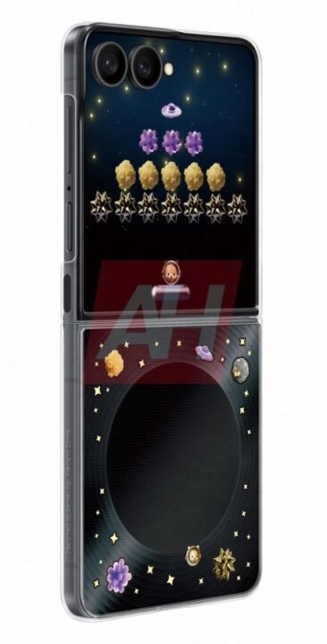 Foldable smartphone shown open with a space-themed game displayed on both screens, featuring stars, planets, flowers, and small character icons across the top and a large circular game area on the lower screen.