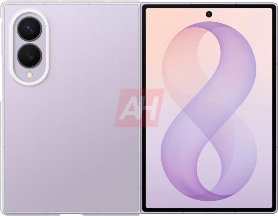 Lavender foldable phone/tablet seen from the back with a dual-camera module and a large screen on the right side.