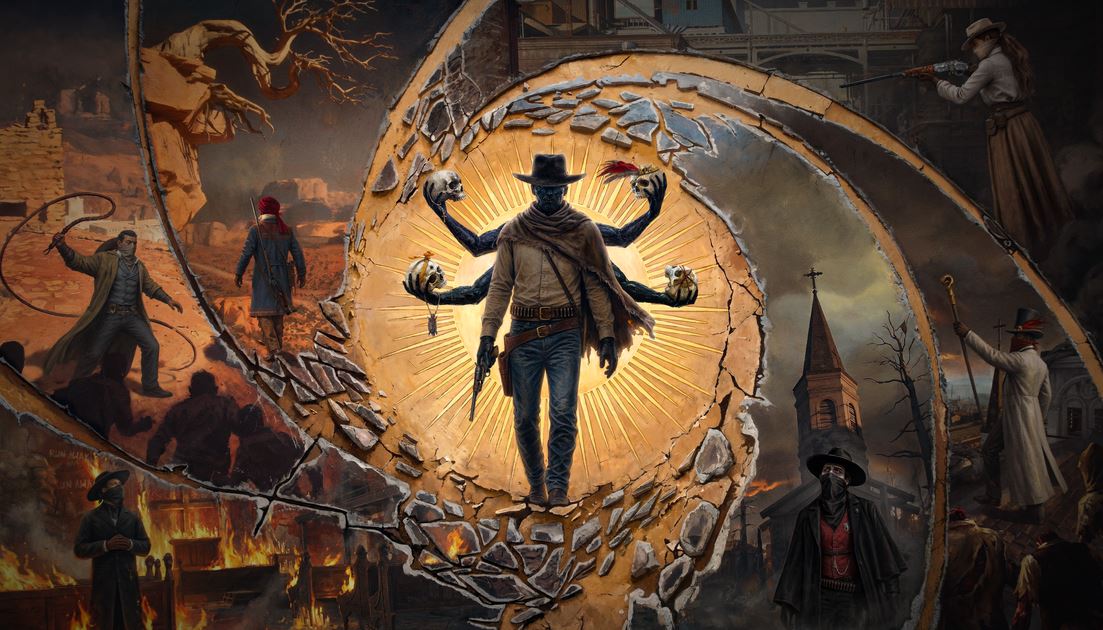Surreal Western Artwork a Gunslinger with Multiple Arms Stands in a Glowing Cracked Circular Portal Amid Fires and Desolate Scenes Behind Him
