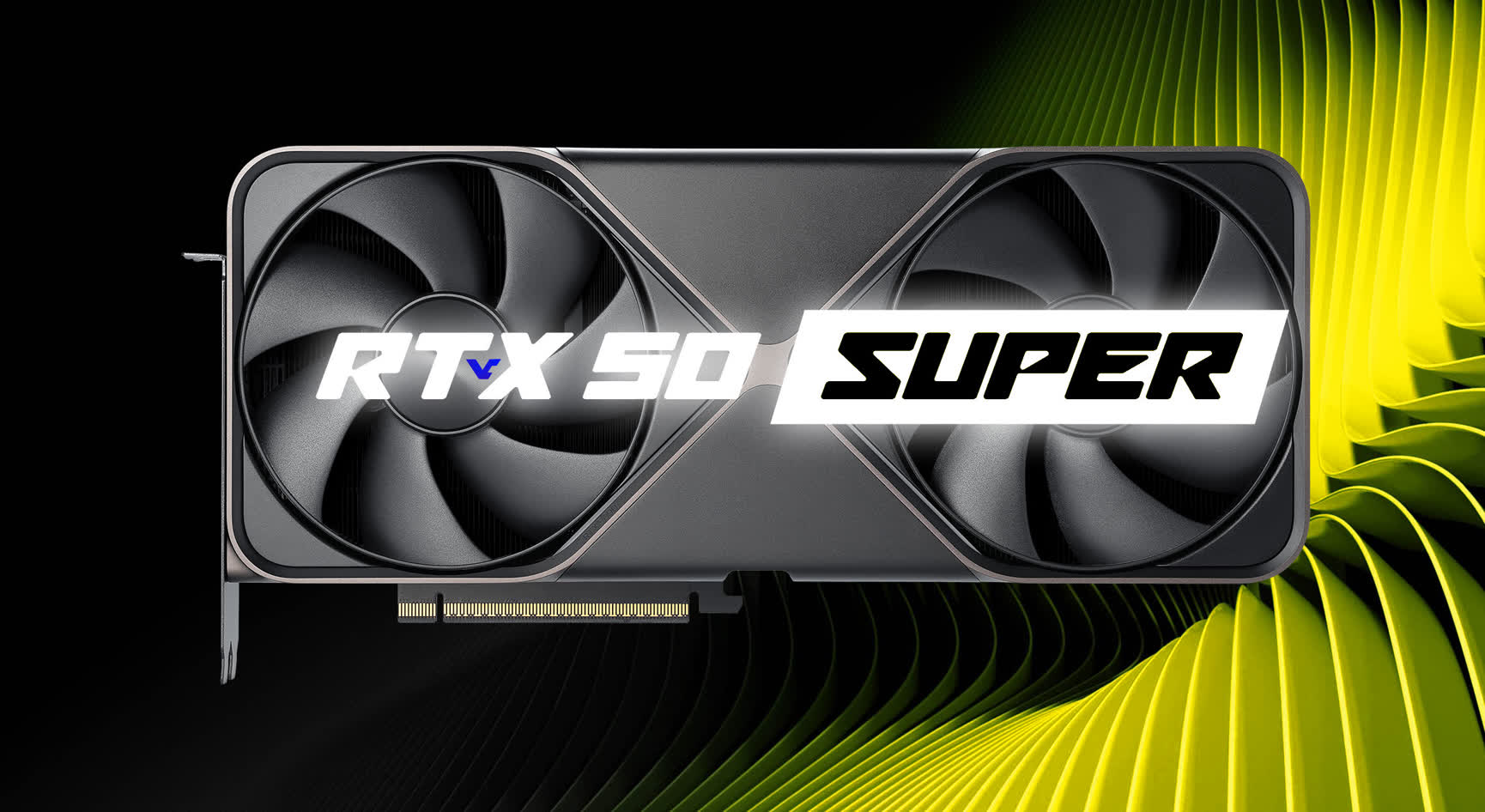 High-end GPU graphics card with dual cooling fans and a bold 'RTX 50 SUPER' logo across the center against a dark and yellow-green background.