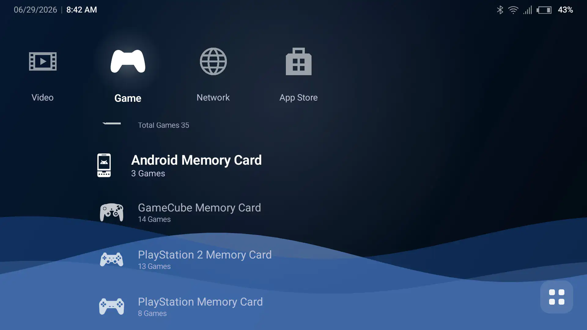 Gaming dashboard showing memory card lists: Android Memory Card, GameCube Memory Card, PlayStation 2 Memory Card, and PlayStation Memory Card with their game counts (3, 14, 13, 8).
