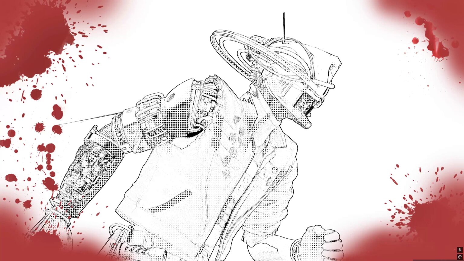 Line drawing of a futuristic armored fighter with exposed circuitry, fist raised, red paint-splatter background.