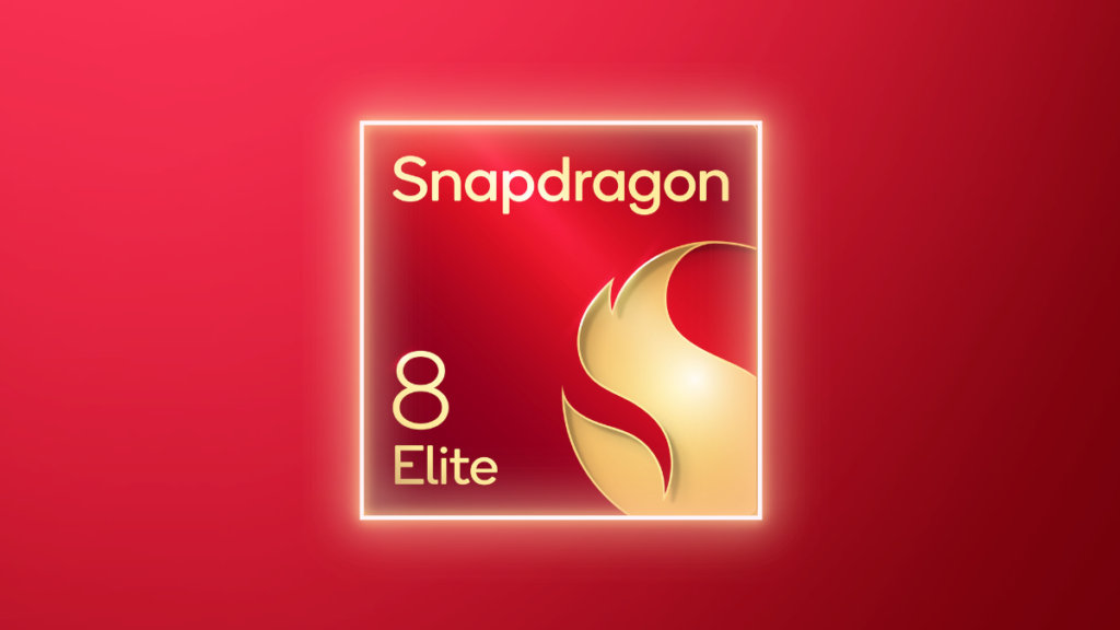 Red gradient background with a glowing framed logo reading 'Snapdragon 8 Elite' and a gold dragon emblem.
