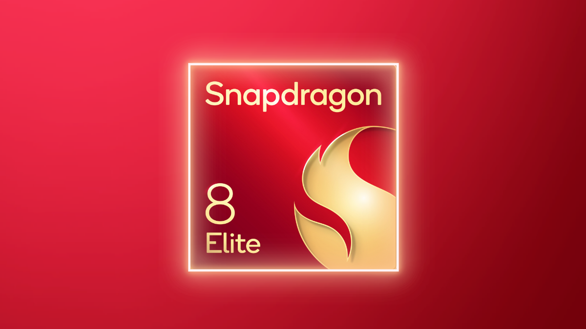 Red gradient background with a glowing framed logo reading 'Snapdragon 8 Elite' and a gold dragon emblem.