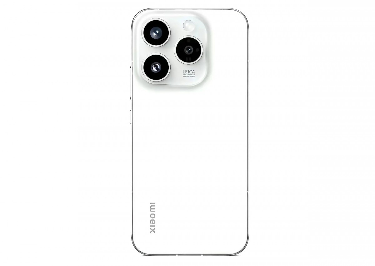 Back view of a white Xiaomi smartphone showing a prominent square camera module with three lenses and a flash, and the Xiaomi logo along the bottom-left edge