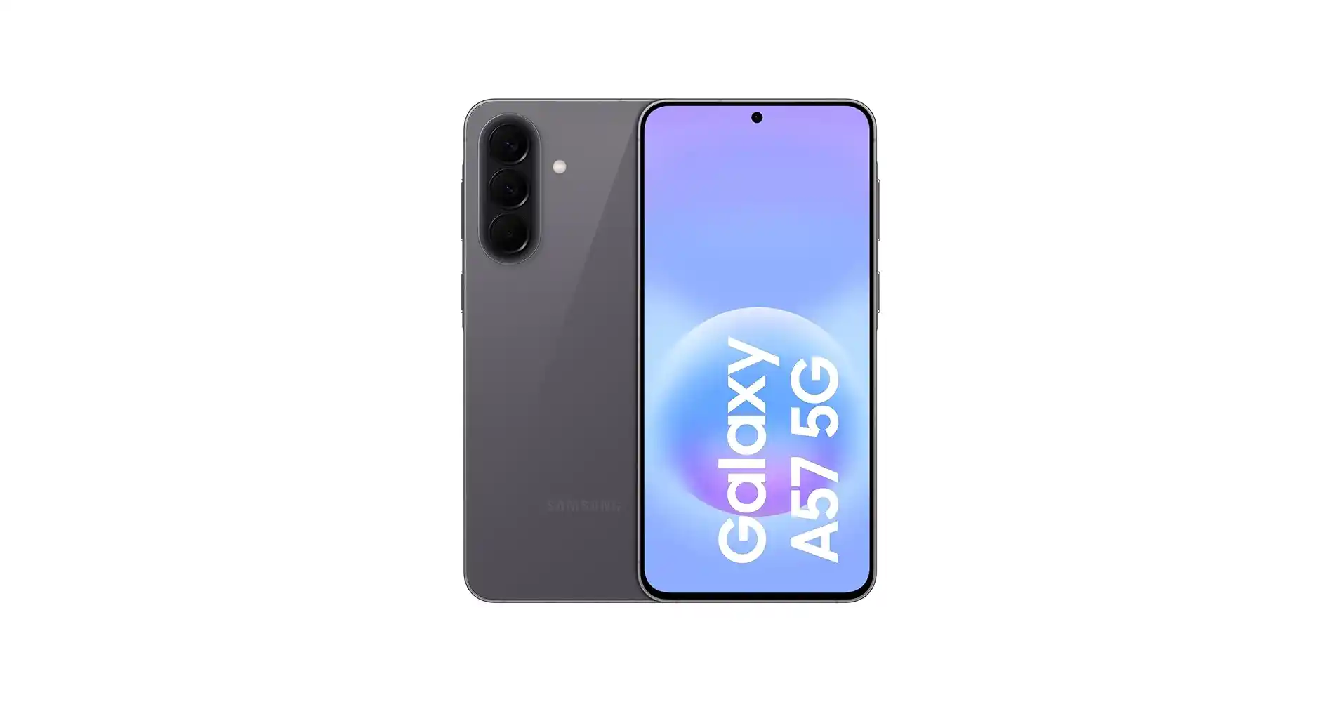 Front-and-back view of a Samsung Galaxy A52 5G smartphone, showing a triple-camera array on the back and a tall edge-to-edge display on the front.