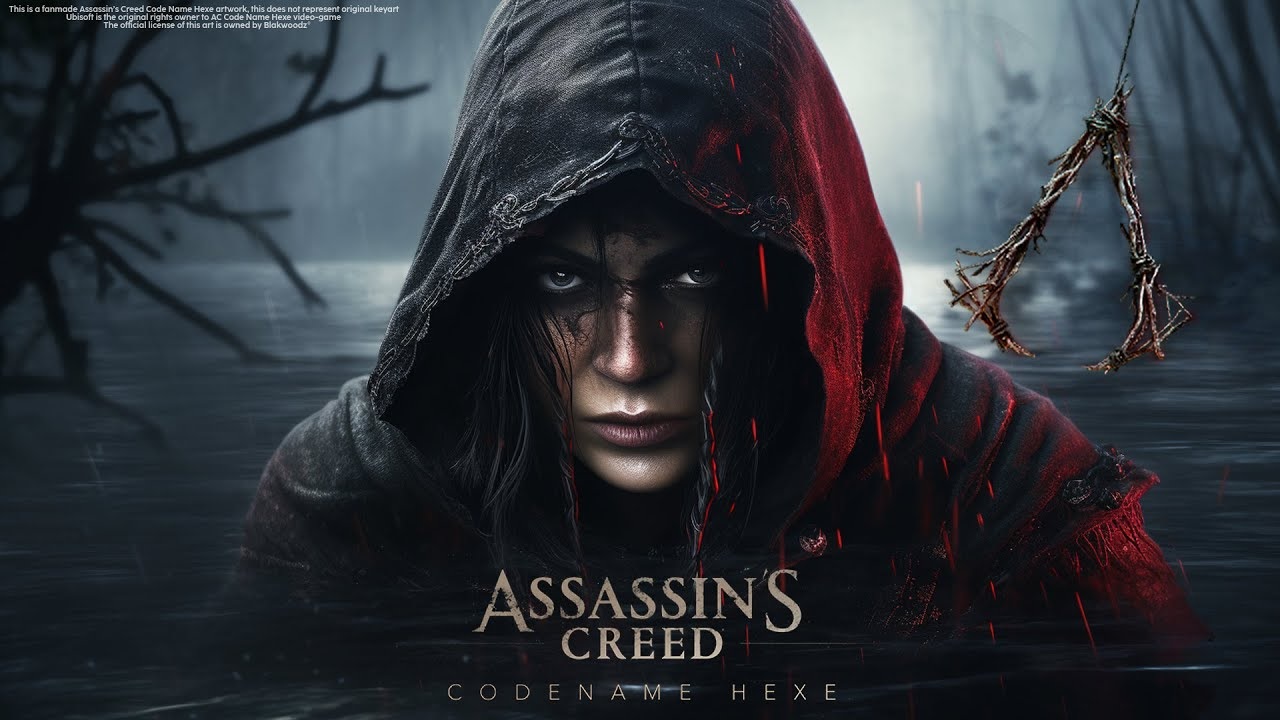 Close up of a Hooded Woman Emerging from Dark Water with a Red Cloak Piercing Gaze and Ominous Atmospherecover Art for Assassins Creed Codename Hexe