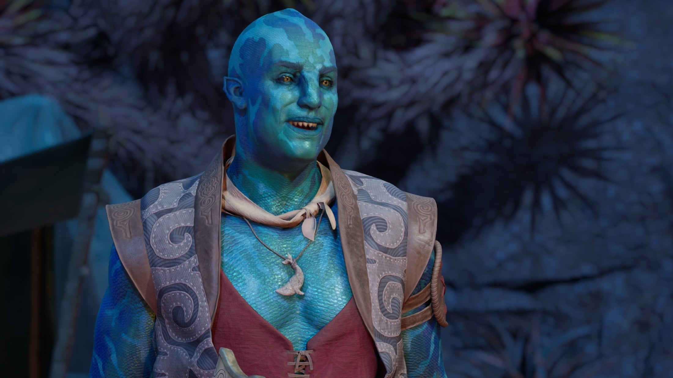 Blue skinned Alien with Orange Eyes Smiles Wearing a Patterned Vest and Necklace Outdoors in Dim Light