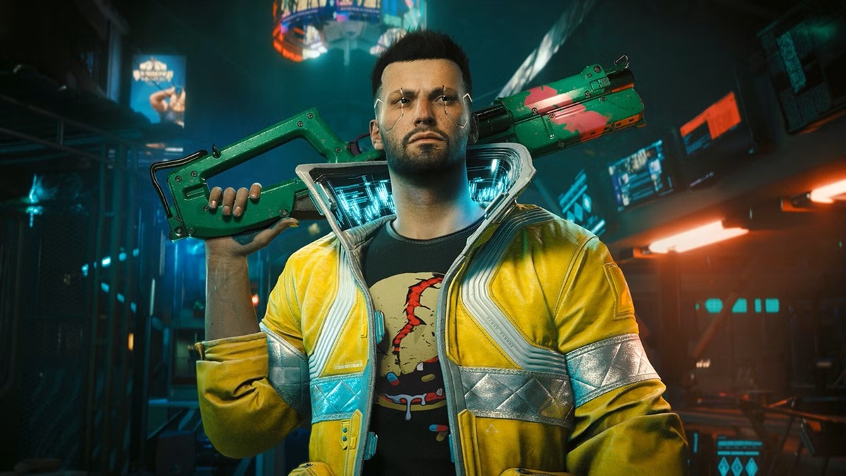 Cyberpunk styled Man in a Yellow Jacket Holds a Large Green Weapon over His Shoulder in a Neon lit Futuristic City