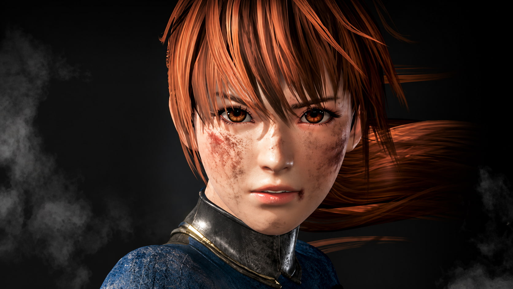 Close up of a Injured Red haired Woman in a Blue Outfit Windblown Hair Smoky Bruises on Her Face Against a Dark Background