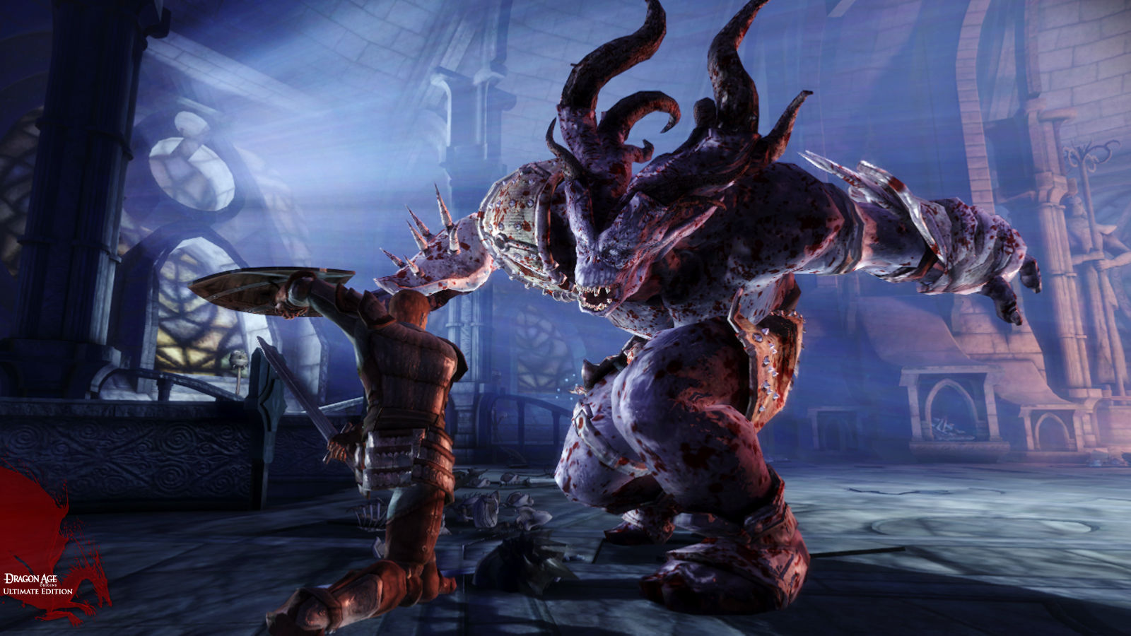 Armored Warrior Confronts a Massive Tentacled Demon in a Blue lit Cathedral Hall with Gothic Arches