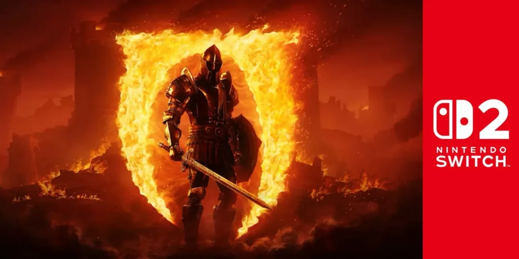 Armored Knight Standing in a Ring of Fire with a Drawn Sword Nintendo Switch Logo Visible on the Red Right Panel