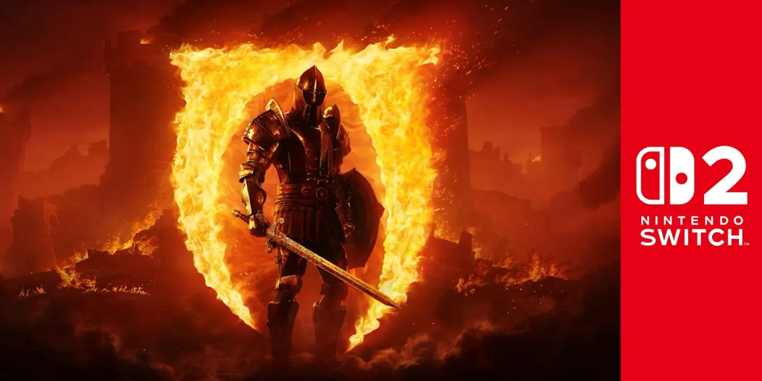 Armored Knight Standing in a Ring of Fire with a Drawn Sword Nintendo Switch Logo Visible on the Red Right Panel