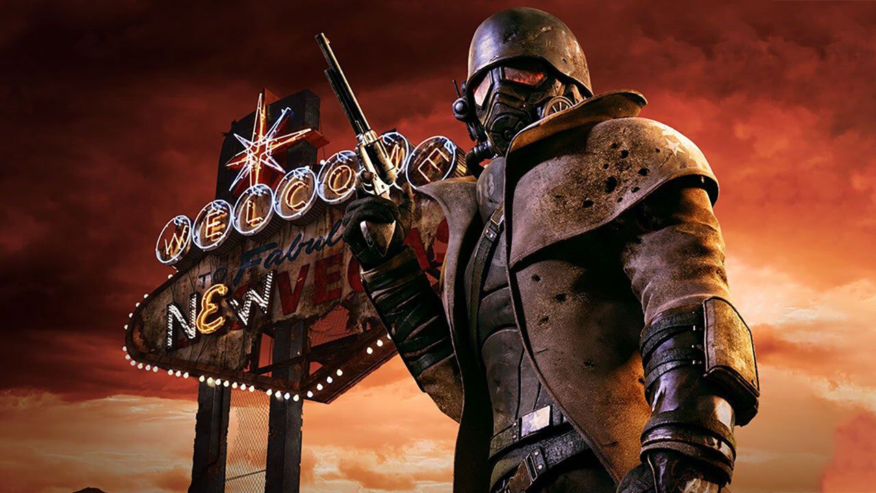Armored Figure Holding a Rifle Stands Beside a Weathered Neon Sign Reading 'welcome to New Vegas' Against a Fiery Sunset Post apocalyptic Soldier in Dusty Armor Poses in Front of a Rusted 'welcome to New Vegas' Sign