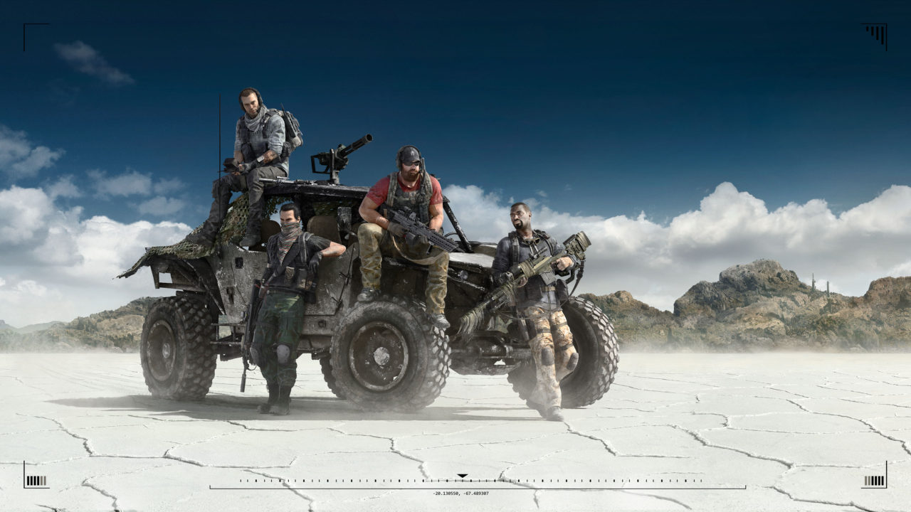 a Group of Five Soldiers Perched on a Rugged Armored Vehicle in a Dusty Desert Landscape with Distant Rocky Hills