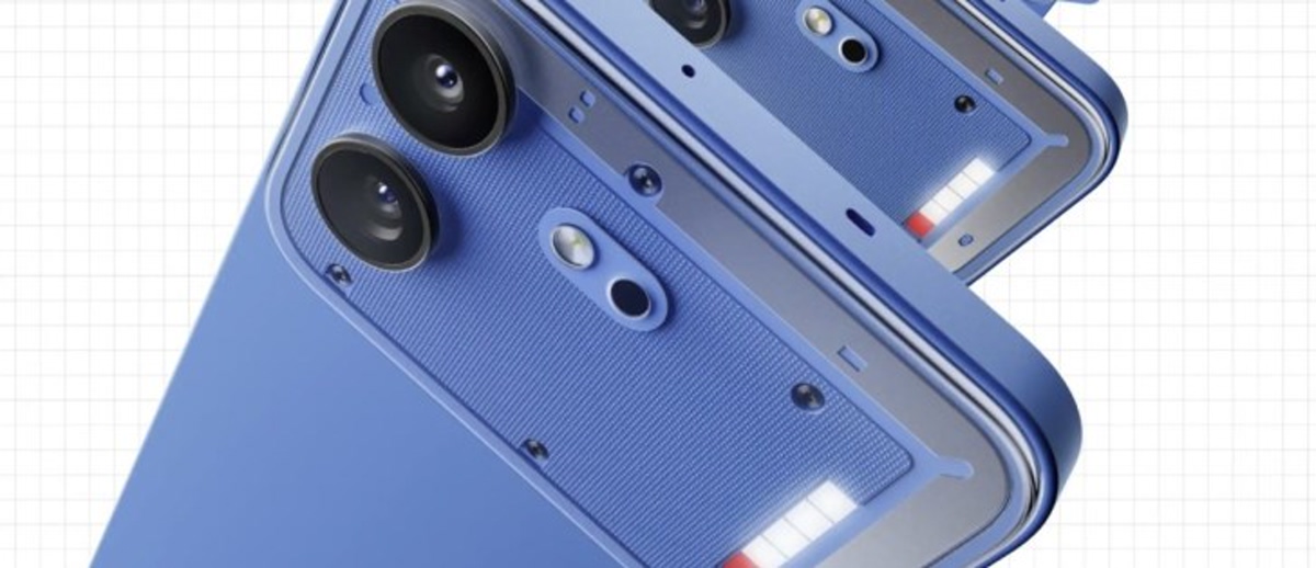 Two blue smartphones shown from the back, leaning against each other, revealing a multi‑lens camera module on a grid background.