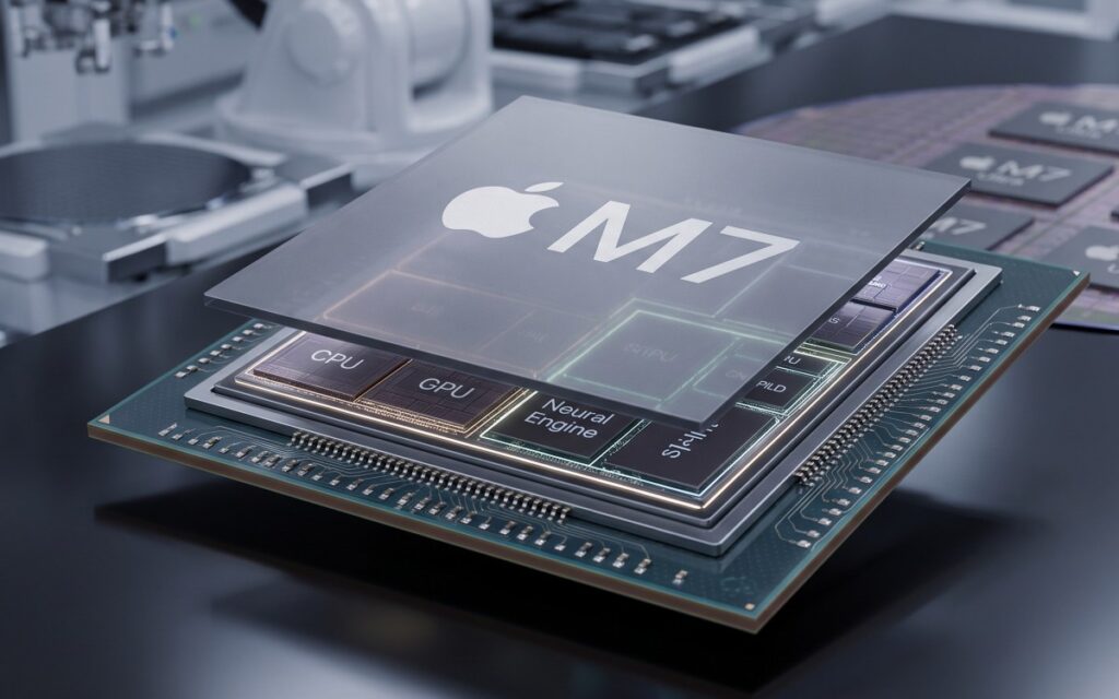 Close-up of an Apple M7 processor die with CPU, GPU, and Neural Engine blocks visible on the circuit board