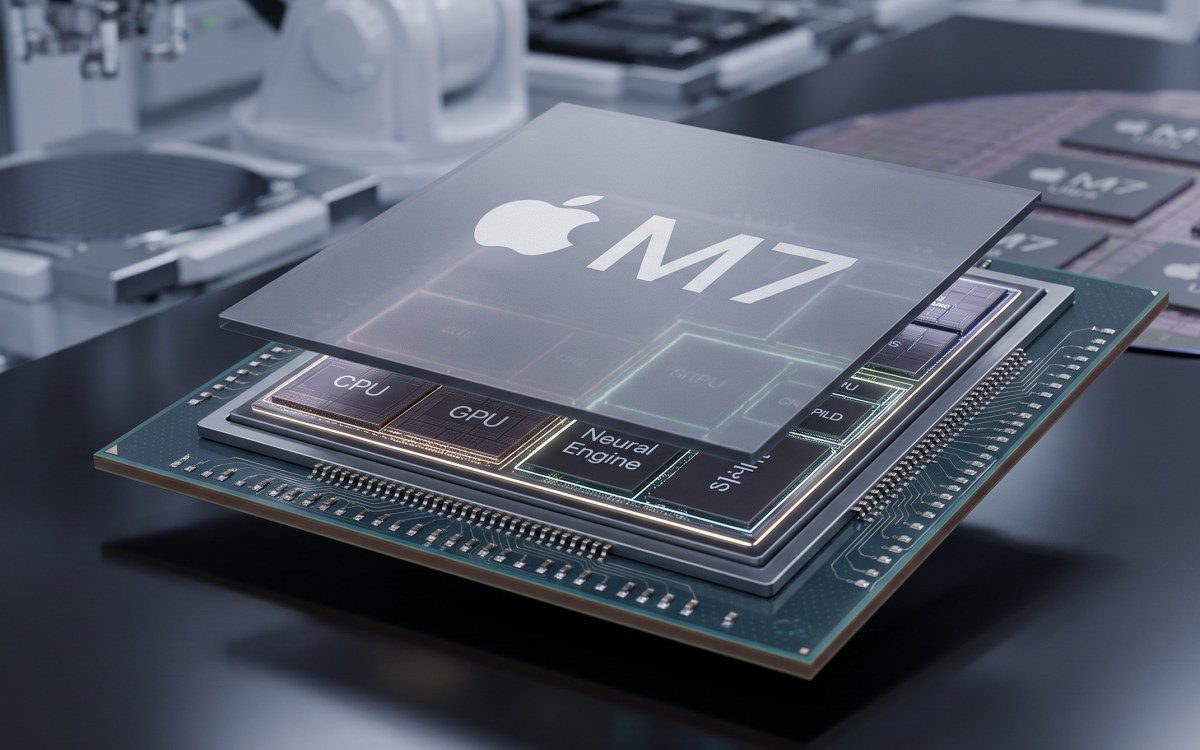 Close-up of an Apple M7 processor die with CPU, GPU, and Neural Engine blocks visible on the circuit board