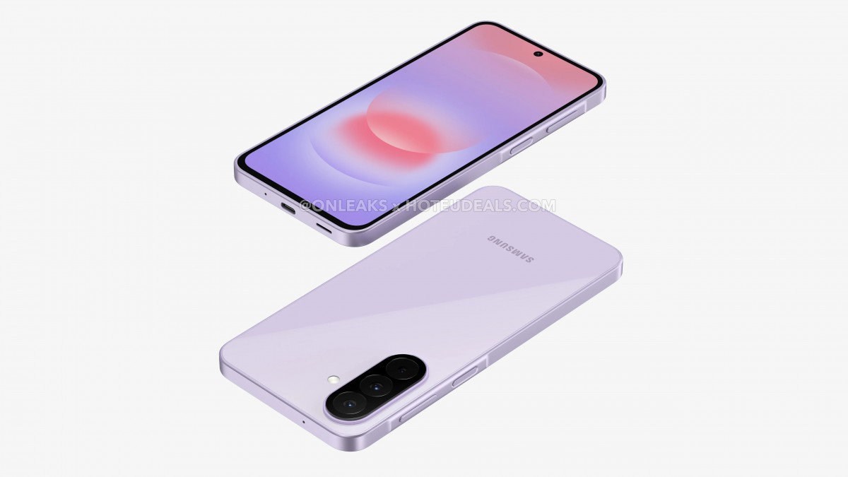 Lavender Samsung smartphone shown from front and back, highlighting a glossy finish and triple-camera module on the rear panel.