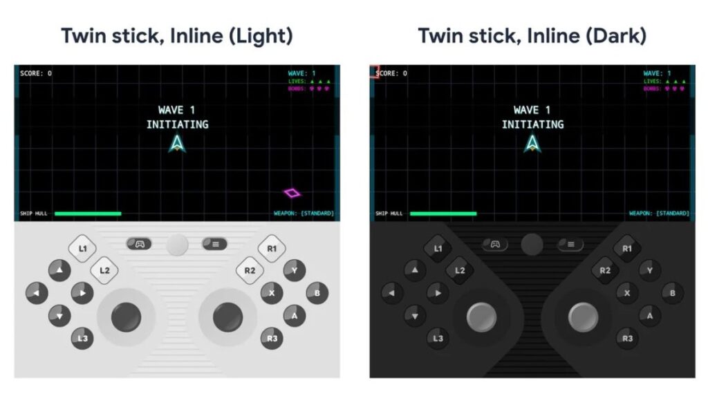 Left: light theme twin-stick controller setup with game screen showing 'WAVE 1 INITIATING' and a light gray controller below labeled L1, L2, R1, R2, etc.
