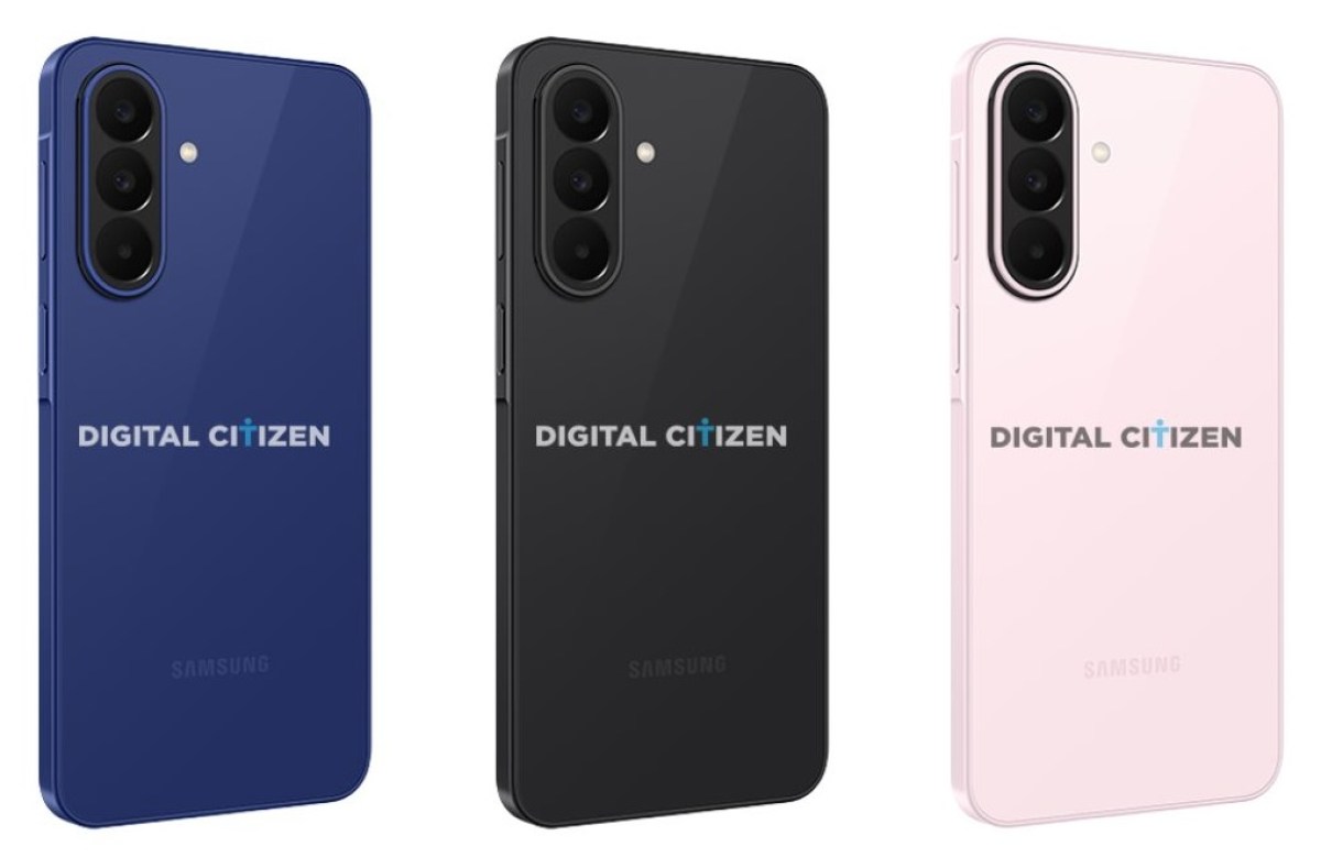 Three Samsung smartphones in blue, black, and pink back finishes shown from the rear with triple-camera modules and a Digital Citizen watermark.