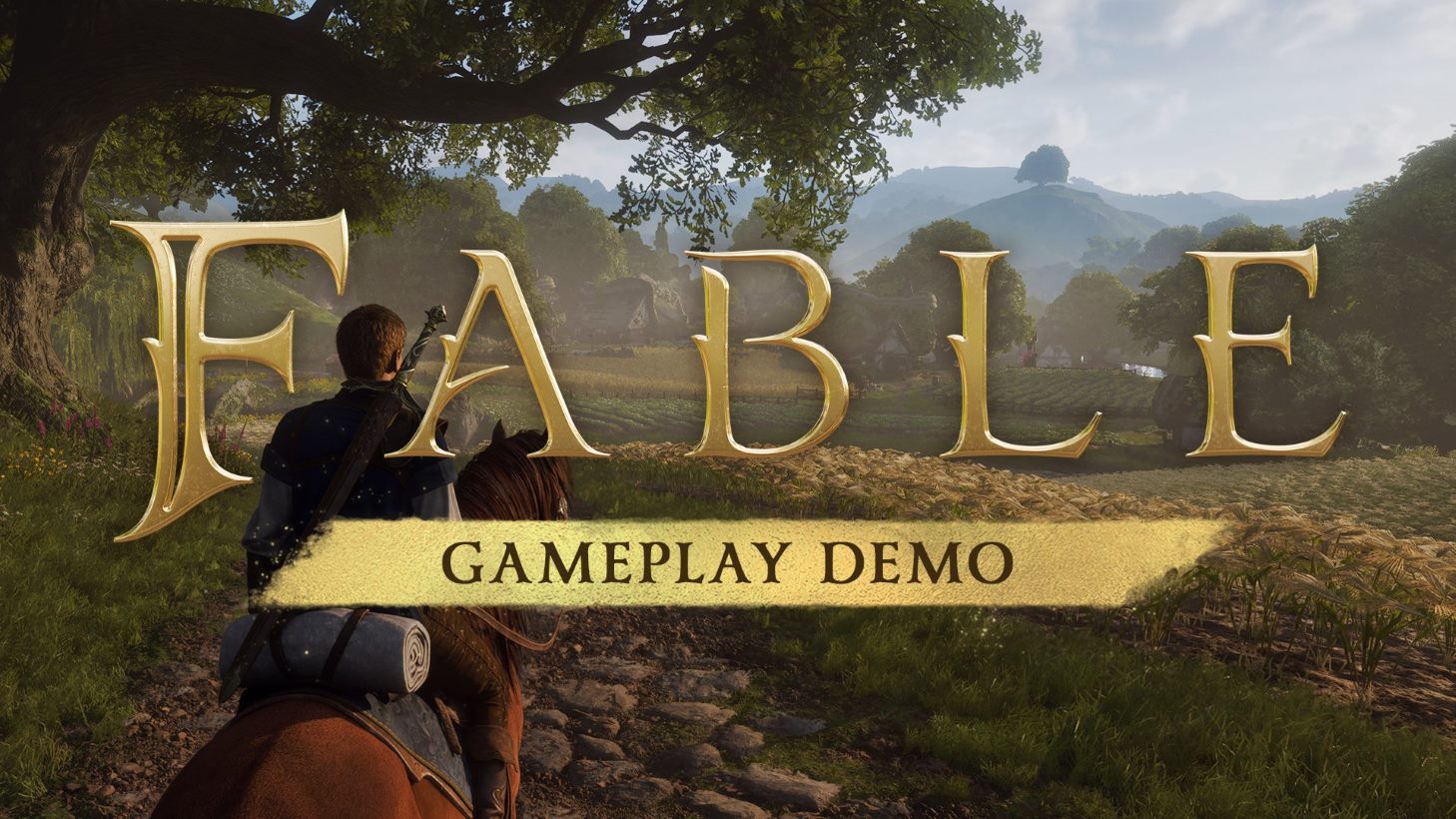 Promo Image for a Game a Rider on a Brown Horse in a Lush Countryside with Large Gold Lettering Spelling 'fable' and a Beige Banner Reading 'gameplay Demo' Across the Middle